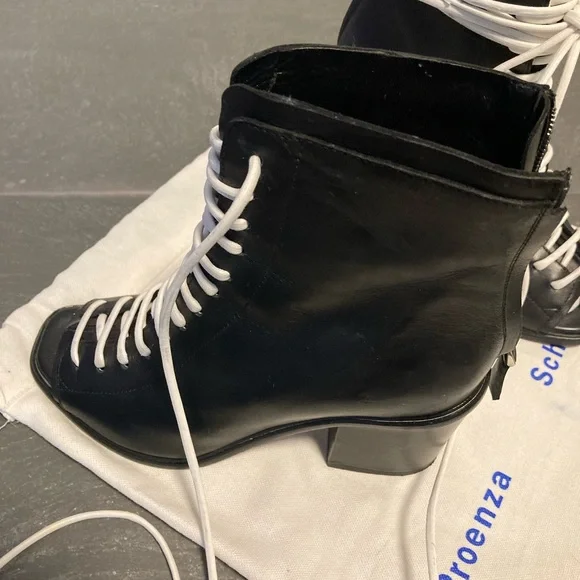 Proenza Schouler Black Leather Open-Toe Lace-Up Ankle Boots with White Laces - Picture 6 of 13